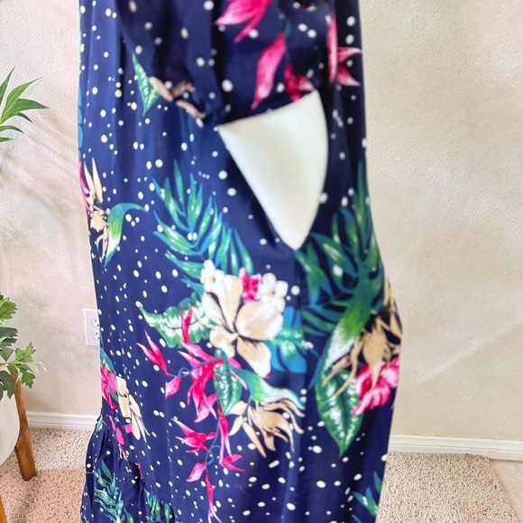 Suzanne Betro Navy Blue Floral Midi Dress Sz L - Picture 4 of 10